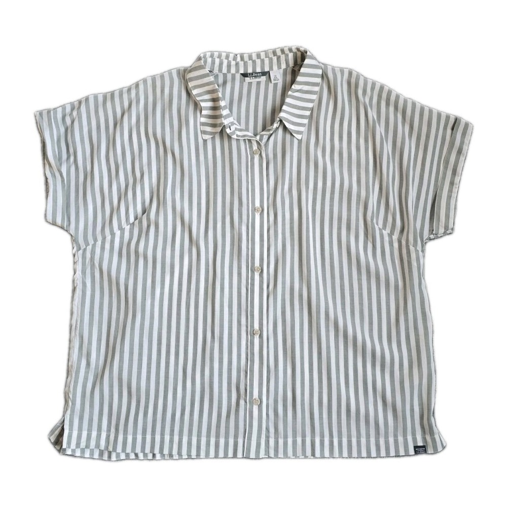 LL BEAN Green & Cream Stripe Tencel Short Sleeve Top Button Down Coastal Sz 1X